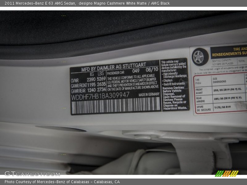 2011 E 63 AMG Sedan designo Magno Cashmere White Matte Color Code 049