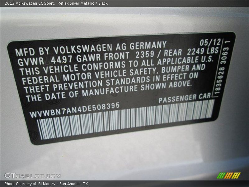 Reflex Silver Metallic / Black 2013 Volkswagen CC Sport