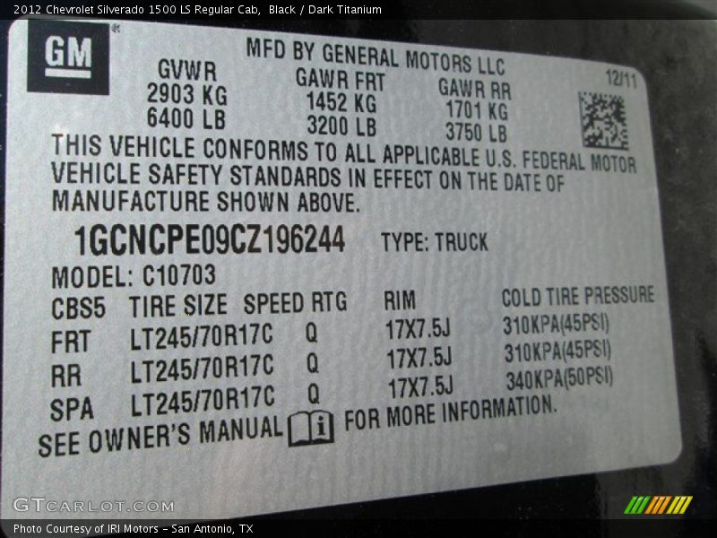 Black / Dark Titanium 2012 Chevrolet Silverado 1500 LS Regular Cab