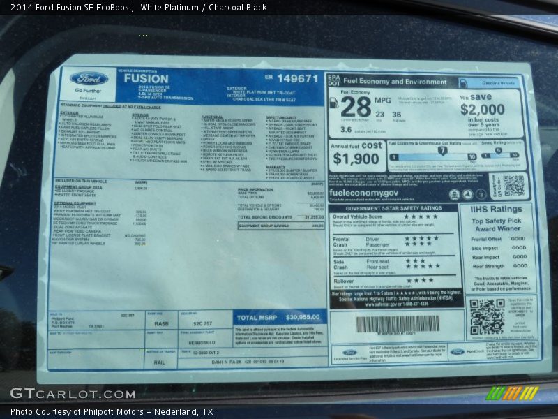 White Platinum / Charcoal Black 2014 Ford Fusion SE EcoBoost