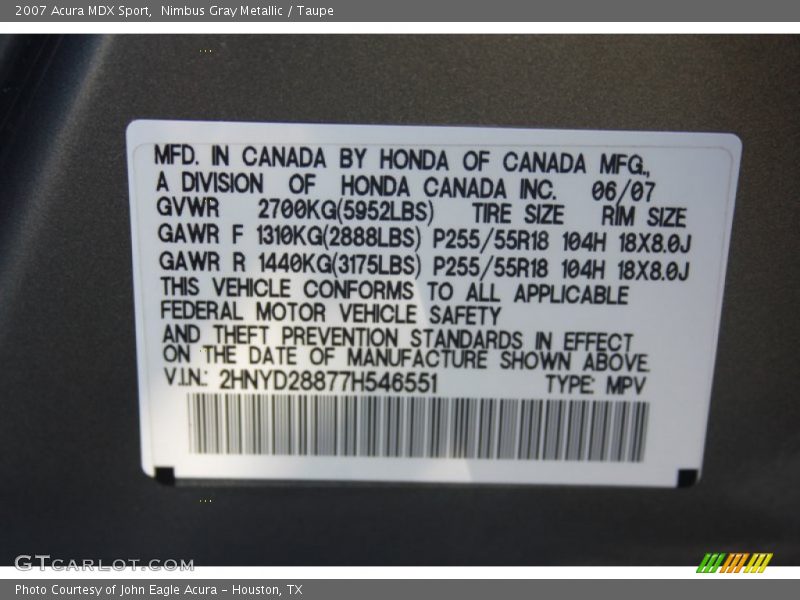 Nimbus Gray Metallic / Taupe 2007 Acura MDX Sport