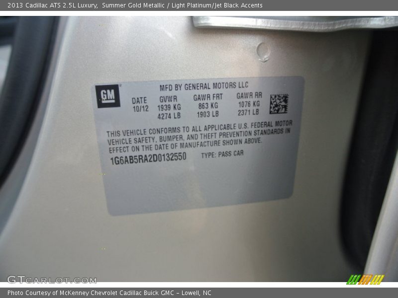 Summer Gold Metallic / Light Platinum/Jet Black Accents 2013 Cadillac ATS 2.5L Luxury
