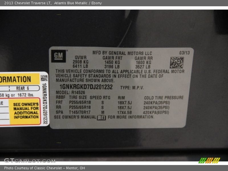 Atlantis Blue Metallic / Ebony 2013 Chevrolet Traverse LT