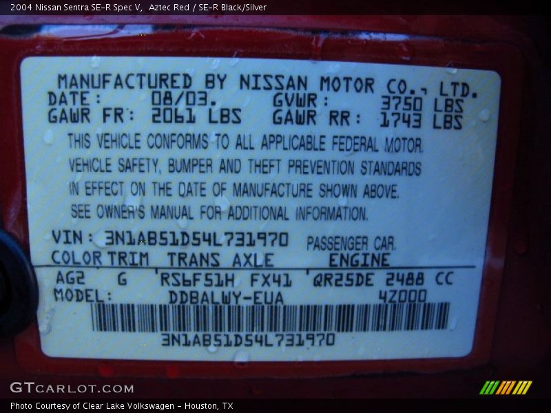 2004 Sentra SE-R Spec V Aztec Red Color Code AG2