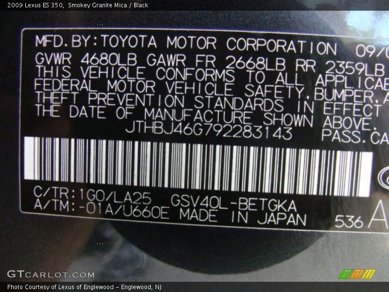 Smokey Granite Mica / Black 2009 Lexus ES 350