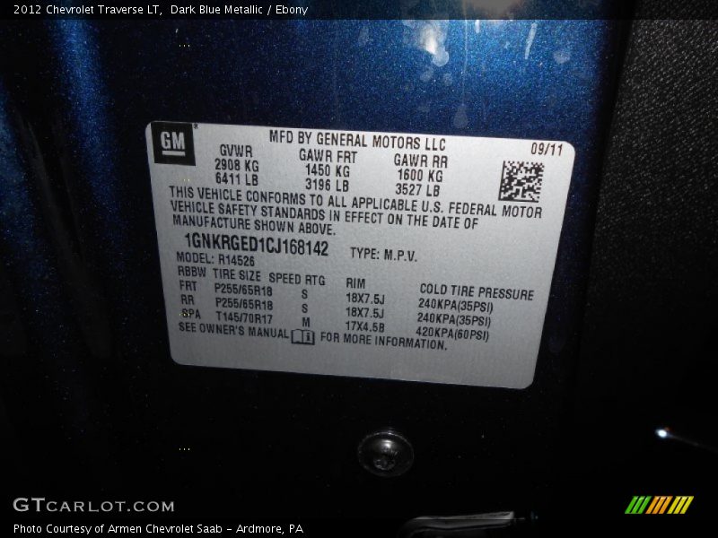 Dark Blue Metallic / Ebony 2012 Chevrolet Traverse LT