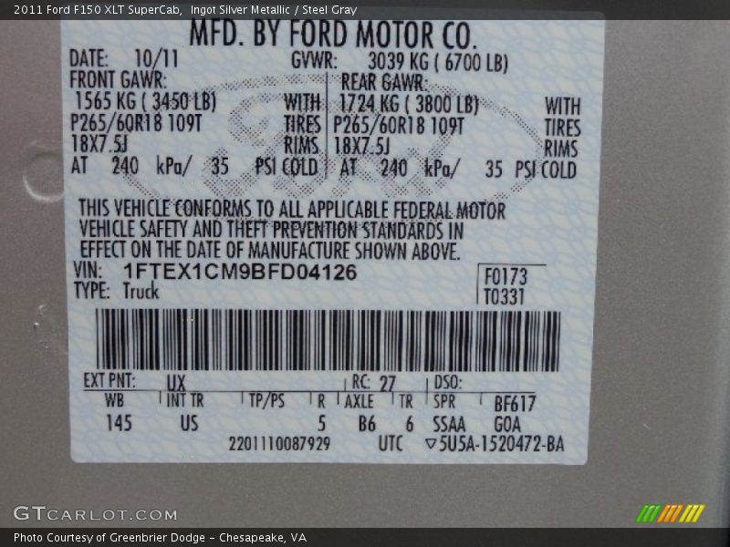 Ingot Silver Metallic / Steel Gray 2011 Ford F150 XLT SuperCab
