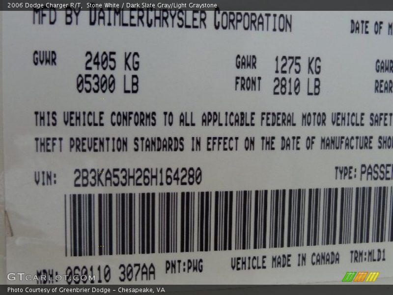 Stone White / Dark Slate Gray/Light Graystone 2006 Dodge Charger R/T