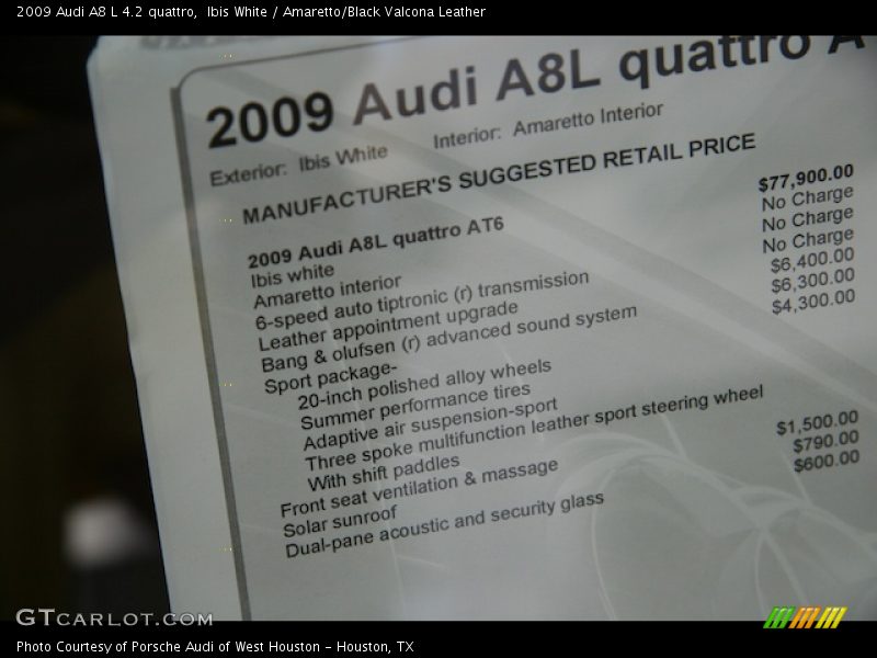 Ibis White / Amaretto/Black Valcona Leather 2009 Audi A8 L 4.2 quattro