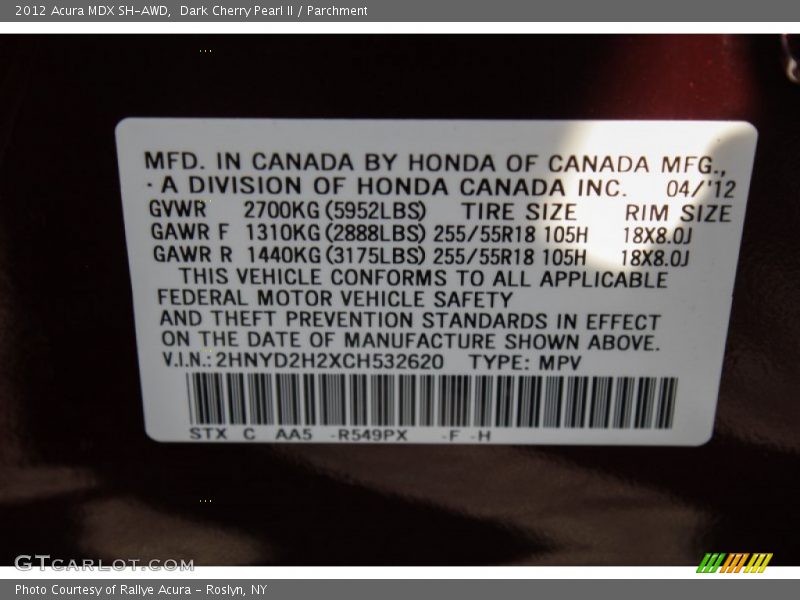 2012 MDX SH-AWD Dark Cherry Pearl II Color Code R549PX