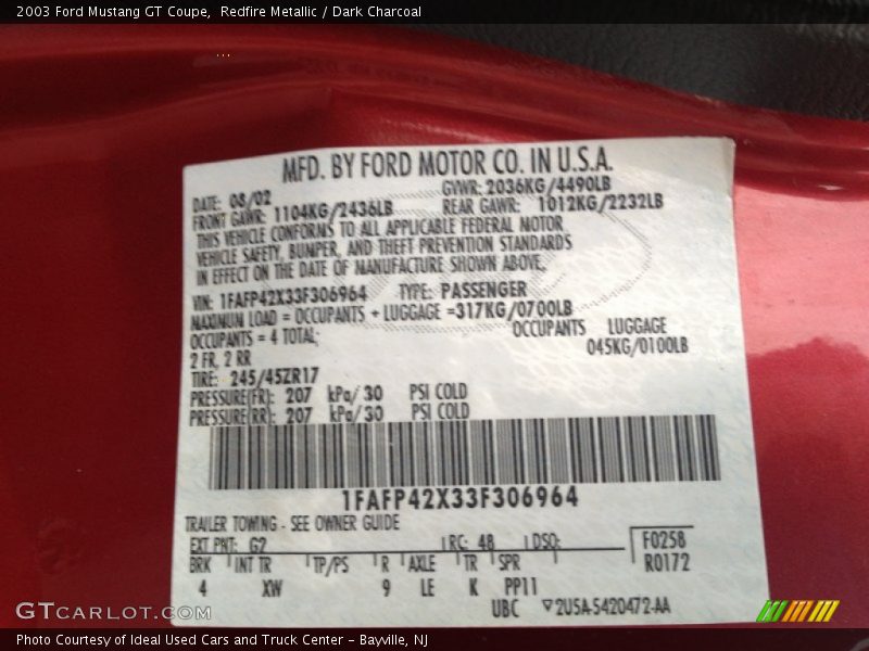 Redfire Metallic / Dark Charcoal 2003 Ford Mustang GT Coupe