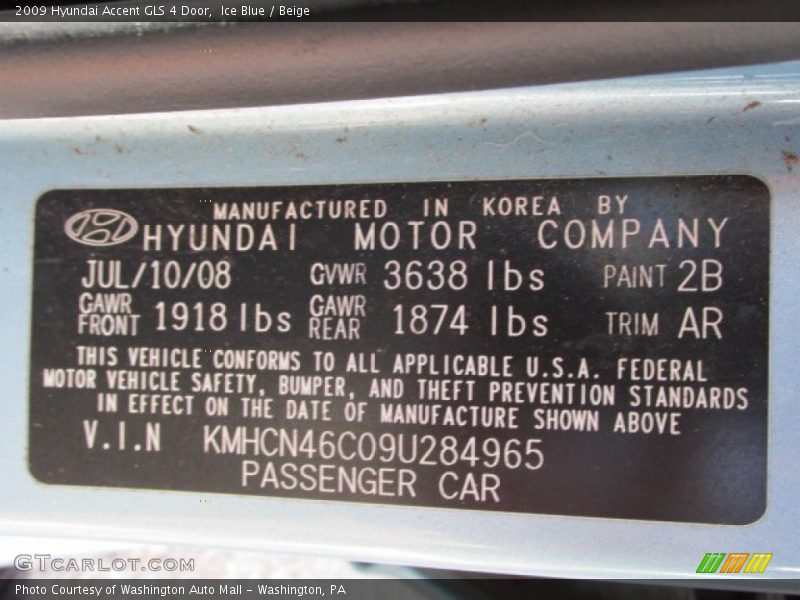 Ice Blue / Beige 2009 Hyundai Accent GLS 4 Door