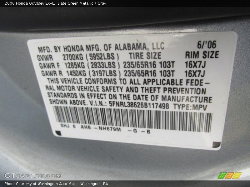 Slate Green Metallic / Gray 2006 Honda Odyssey EX-L