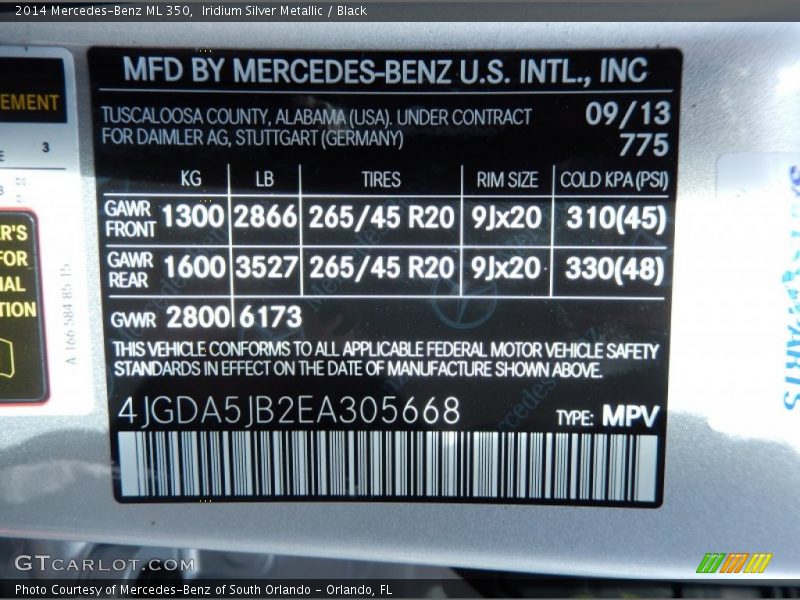 Iridium Silver Metallic / Black 2014 Mercedes-Benz ML 350