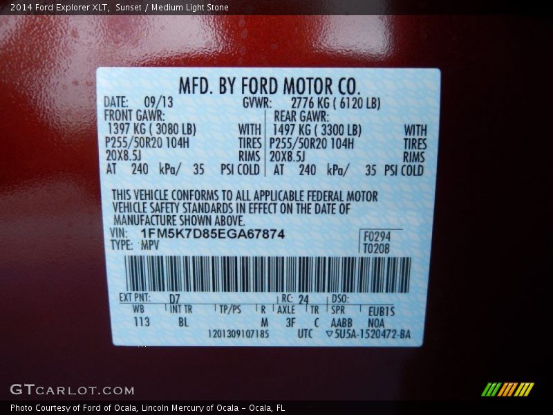 2014 Explorer XLT Sunset Color Code D7
