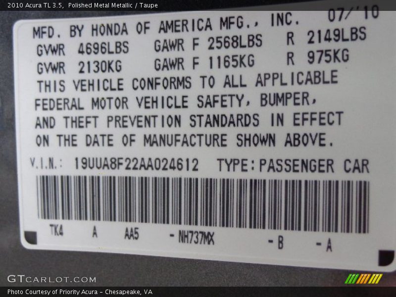 Polished Metal Metallic / Taupe 2010 Acura TL 3.5