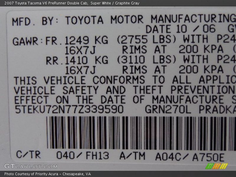 Super White / Graphite Gray 2007 Toyota Tacoma V6 PreRunner Double Cab