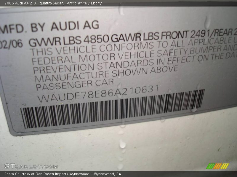 Arctic White / Ebony 2006 Audi A4 2.0T quattro Sedan