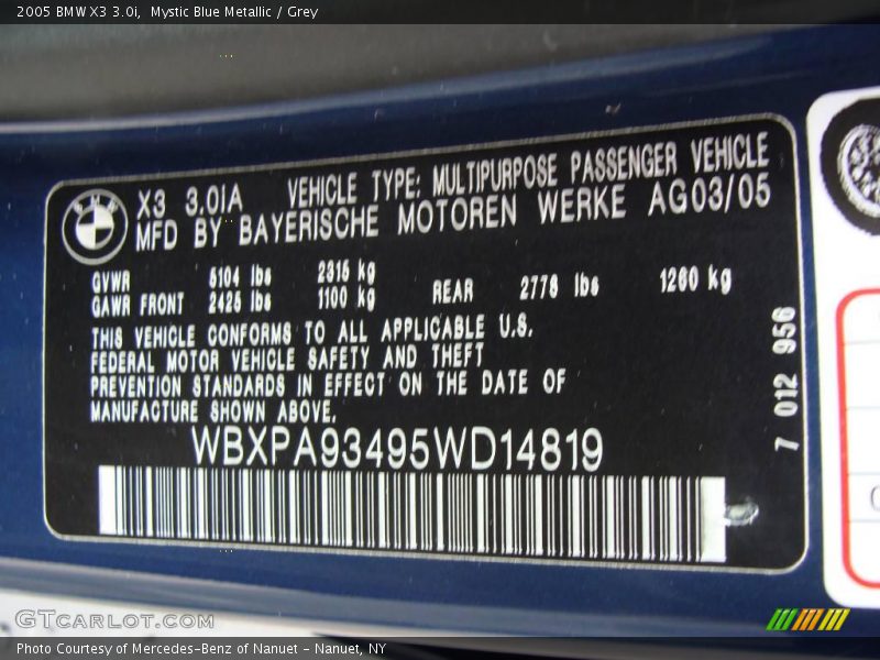 Mystic Blue Metallic / Grey 2005 BMW X3 3.0i