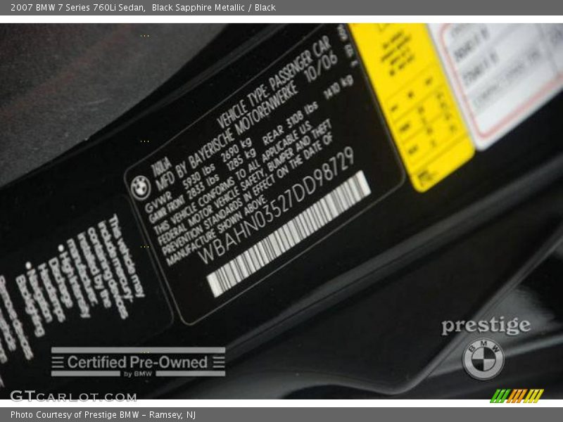 Black Sapphire Metallic / Black 2007 BMW 7 Series 760Li Sedan