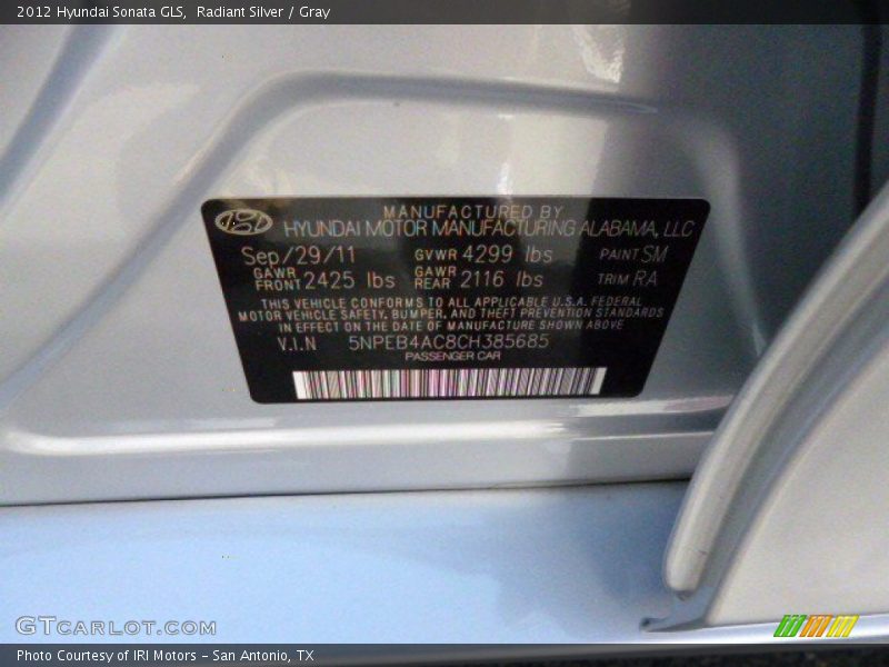 Radiant Silver / Gray 2012 Hyundai Sonata GLS