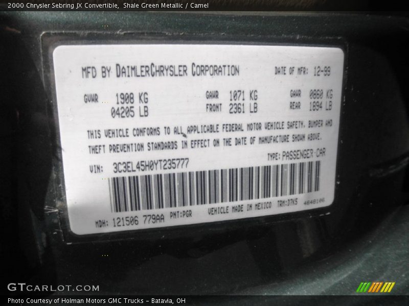 2000 Sebring JX Convertible Shale Green Metallic Color Code PGR