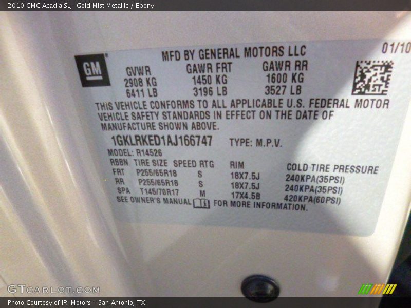 Gold Mist Metallic / Ebony 2010 GMC Acadia SL