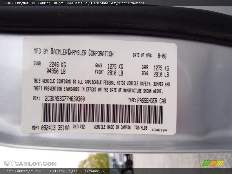 Bright Silver Metallic / Dark Slate Gray/Light Graystone 2007 Chrysler 300 Touring