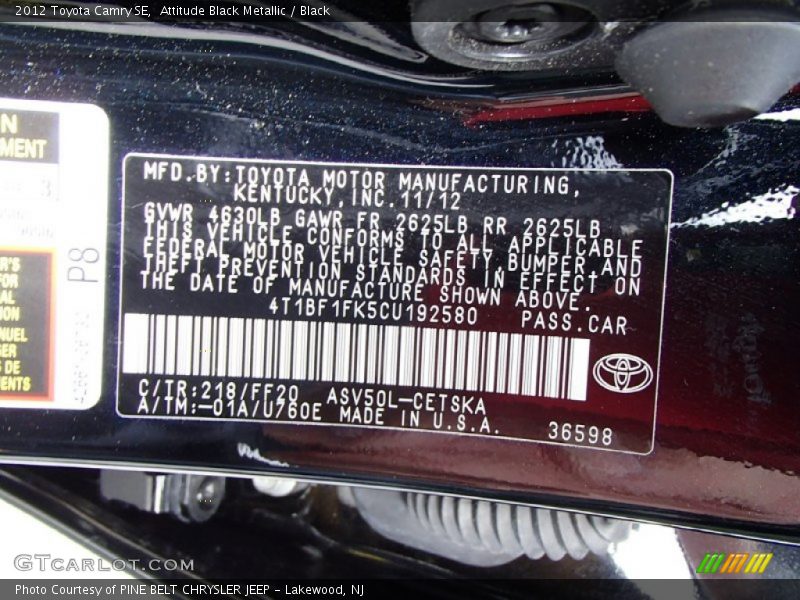 Attitude Black Metallic / Black 2012 Toyota Camry SE