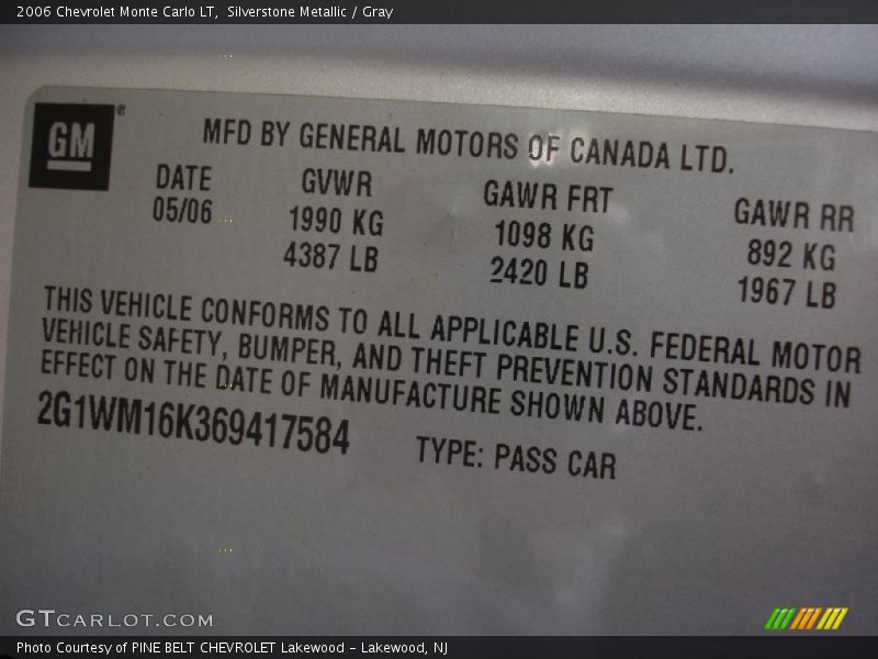 Silverstone Metallic / Gray 2006 Chevrolet Monte Carlo LT
