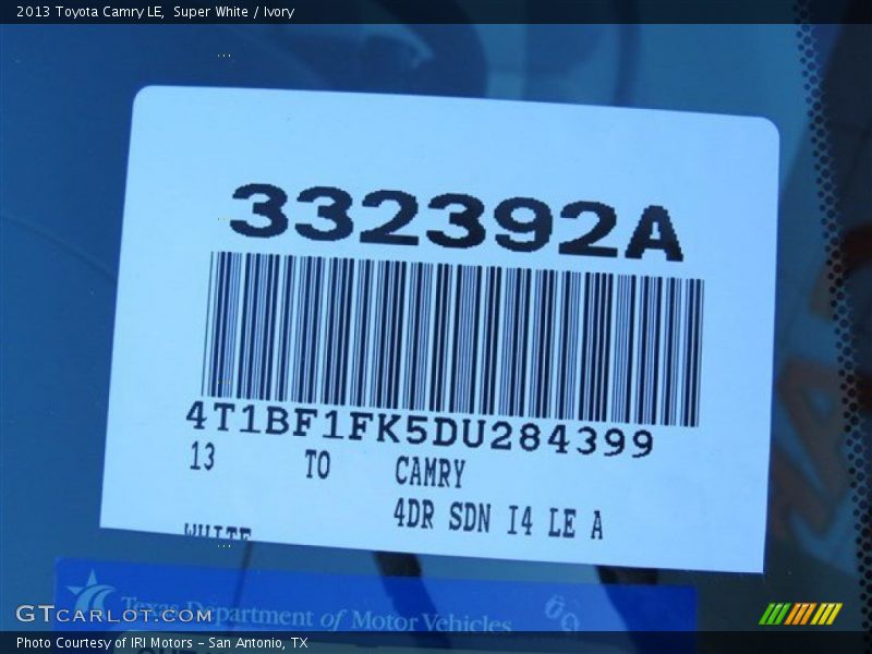 Super White / Ivory 2013 Toyota Camry LE