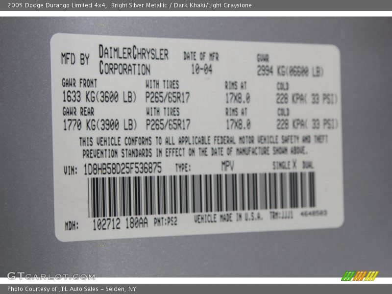 Bright Silver Metallic / Dark Khaki/Light Graystone 2005 Dodge Durango Limited 4x4