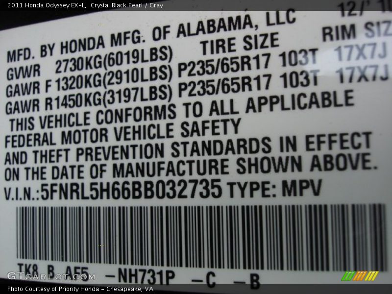 Crystal Black Pearl / Gray 2011 Honda Odyssey EX-L