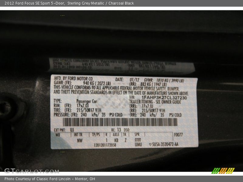 Sterling Grey Metallic / Charcoal Black 2012 Ford Focus SE Sport 5-Door