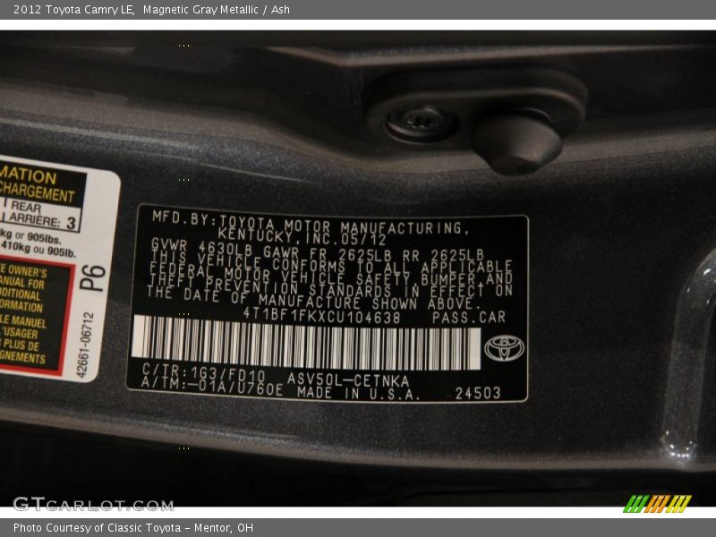 Magnetic Gray Metallic / Ash 2012 Toyota Camry LE