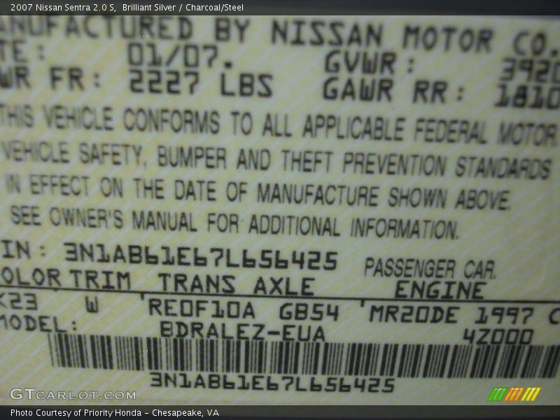 Brilliant Silver / Charcoal/Steel 2007 Nissan Sentra 2.0 S