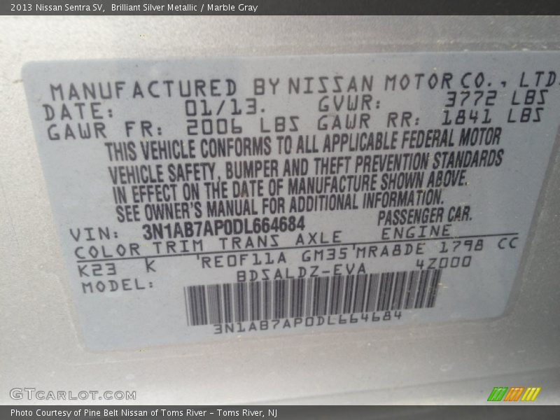 Brilliant Silver Metallic / Marble Gray 2013 Nissan Sentra SV