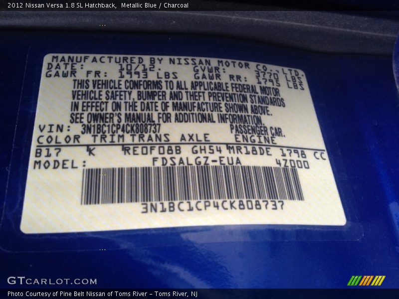 Metallic Blue / Charcoal 2012 Nissan Versa 1.8 SL Hatchback