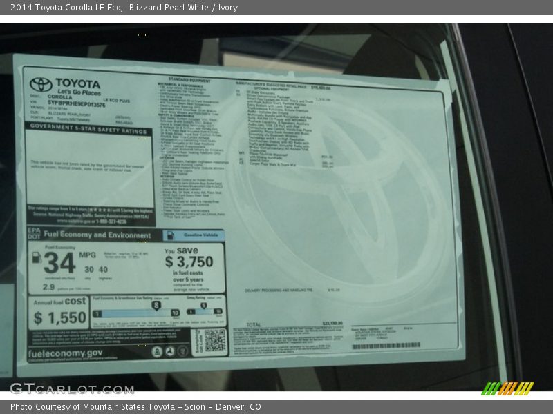  2014 Corolla LE Eco Window Sticker