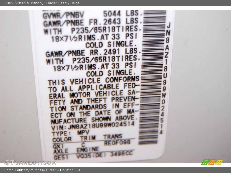 Glacier Pearl / Beige 2009 Nissan Murano S