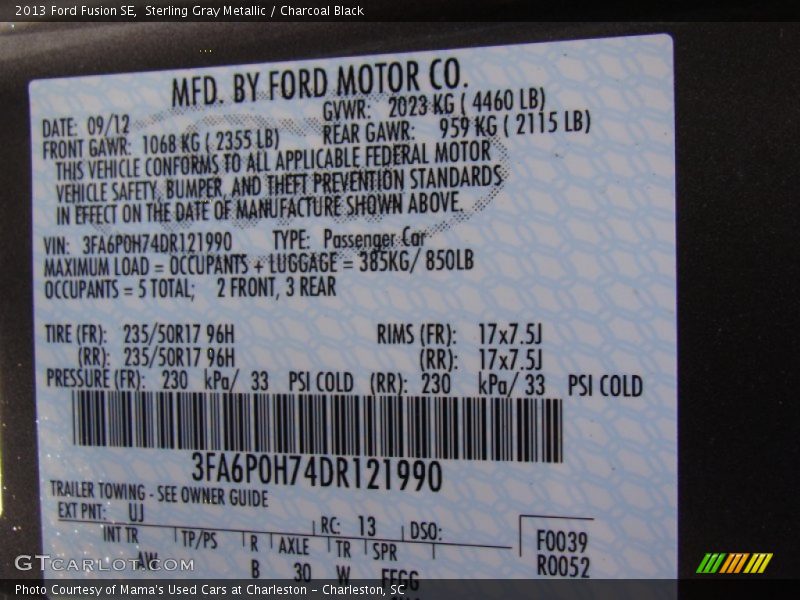 Sterling Gray Metallic / Charcoal Black 2013 Ford Fusion SE