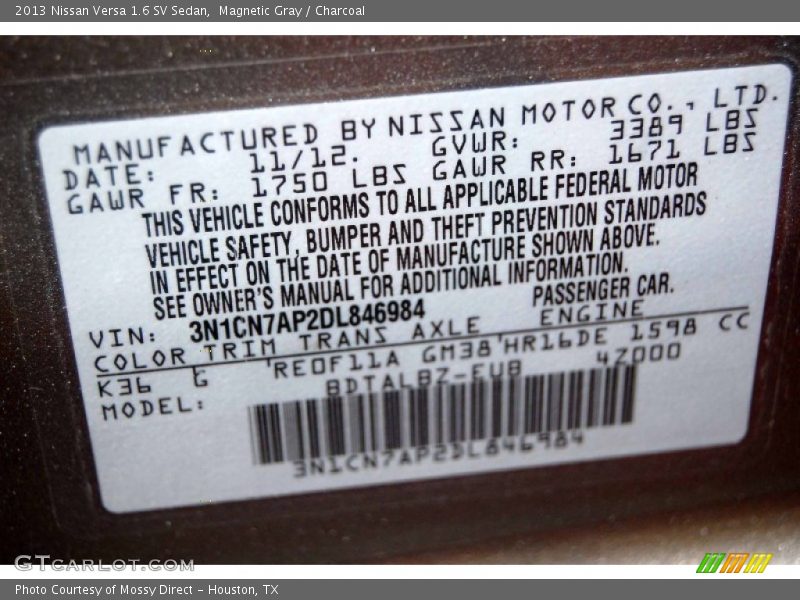Magnetic Gray / Charcoal 2013 Nissan Versa 1.6 SV Sedan