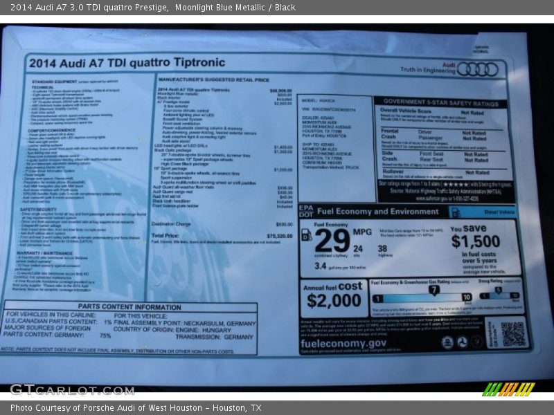  2014 A7 3.0 TDI quattro Prestige Window Sticker