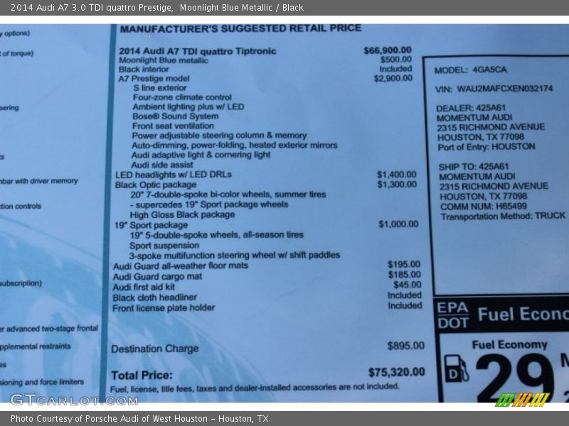  2014 A7 3.0 TDI quattro Prestige Window Sticker