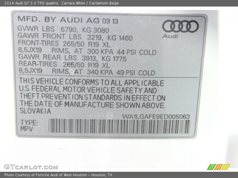 Info Tag of 2014 Q7 3.0 TFSI quattro