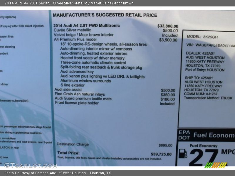  2014 A4 2.0T Sedan Window Sticker