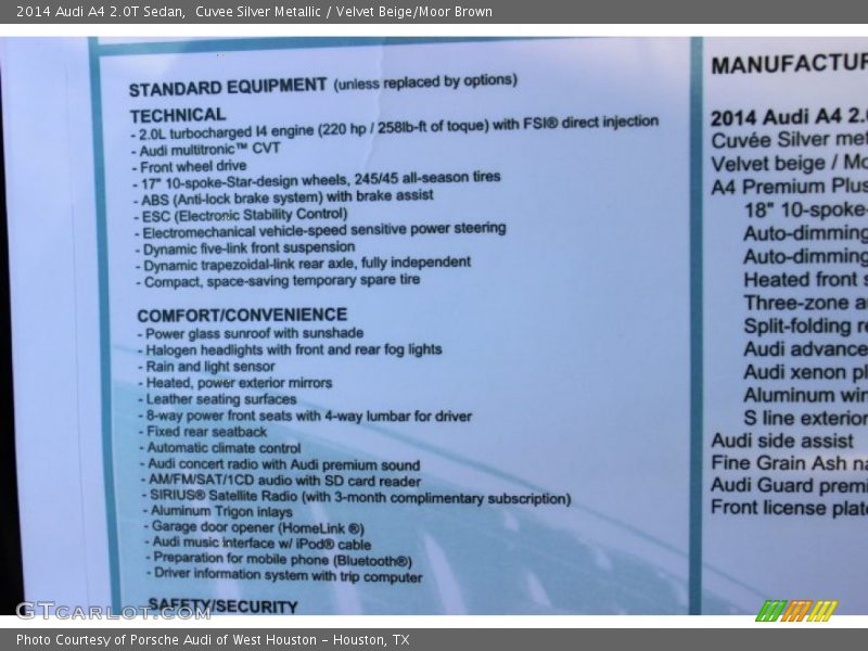  2014 A4 2.0T Sedan Window Sticker