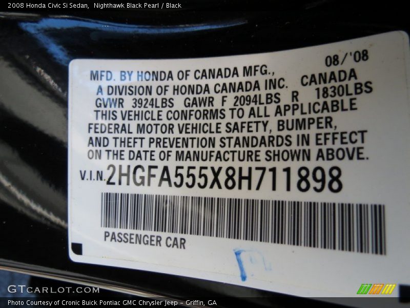 Nighthawk Black Pearl / Black 2008 Honda Civic Si Sedan