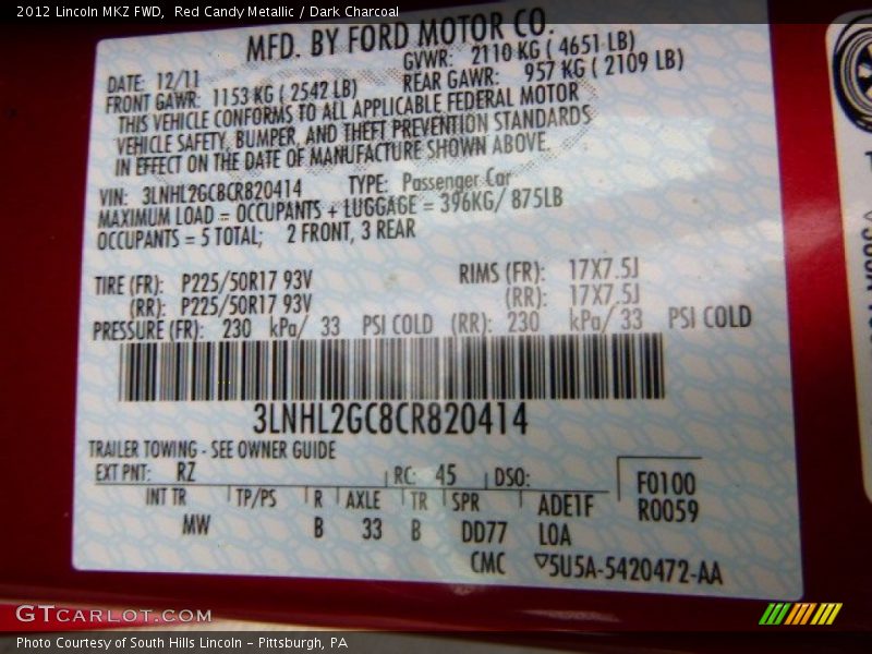 Red Candy Metallic / Dark Charcoal 2012 Lincoln MKZ FWD