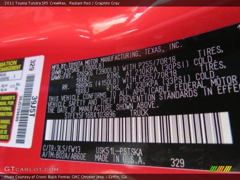 2011 Tundra SR5 CrewMax Radiant Red Color Code 3L5